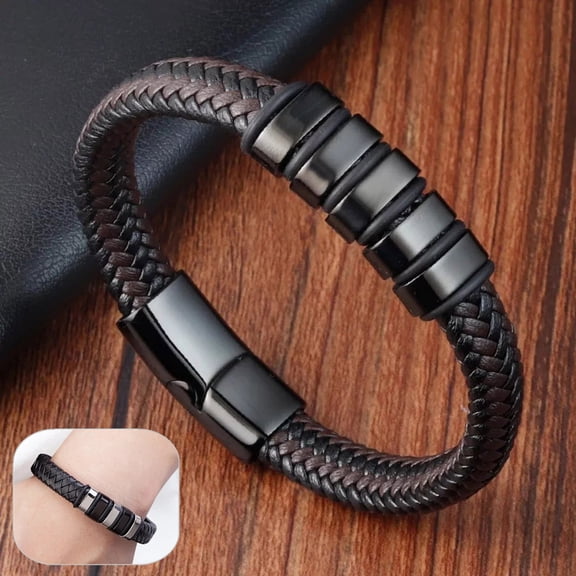 Men’s Leather Braided Bracelet – Titanium Steel Bangle with Magnetic Clasp, Fashion Wrist Accessory, Wrap Bracelet, Silver Label Clasp, rugged edge, Modern urban look, Two Premium Leather bands