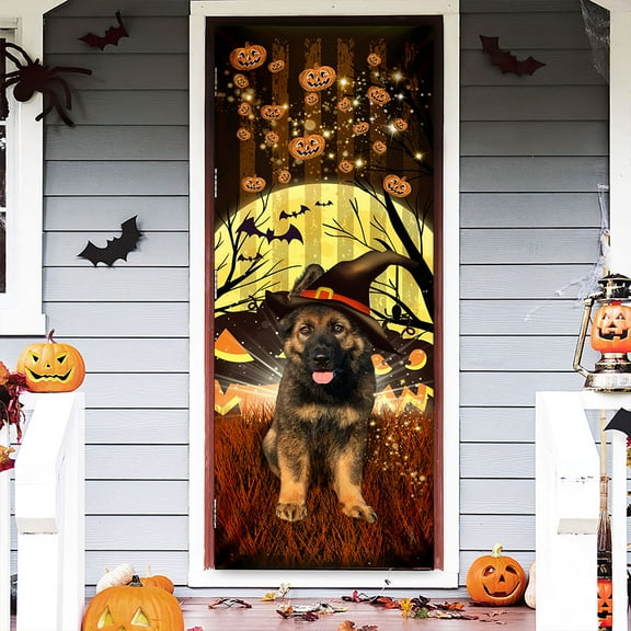 Halloween Door Cover, Halloween Decorations, German Shepherd Puppy Witch ANL173D - 32" x 80"