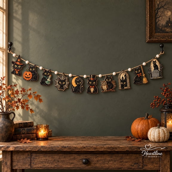 Wooden Ornament Garland Black Cat Halloween, Vintage Mantel Hanging for Spooky Season