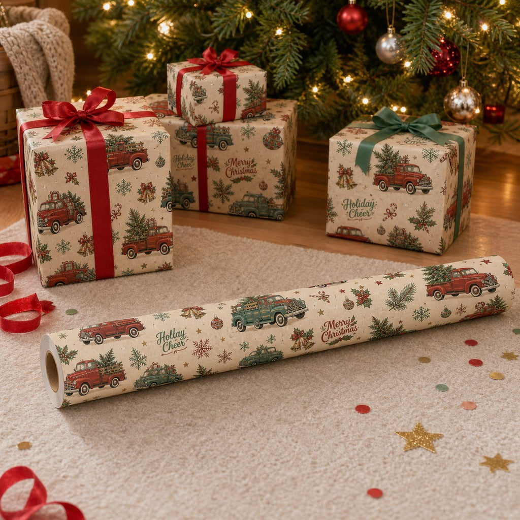 Christmas Wrapping Paper Vintage Holiday Truck Pattern Gift Wrap for Holiday Presents