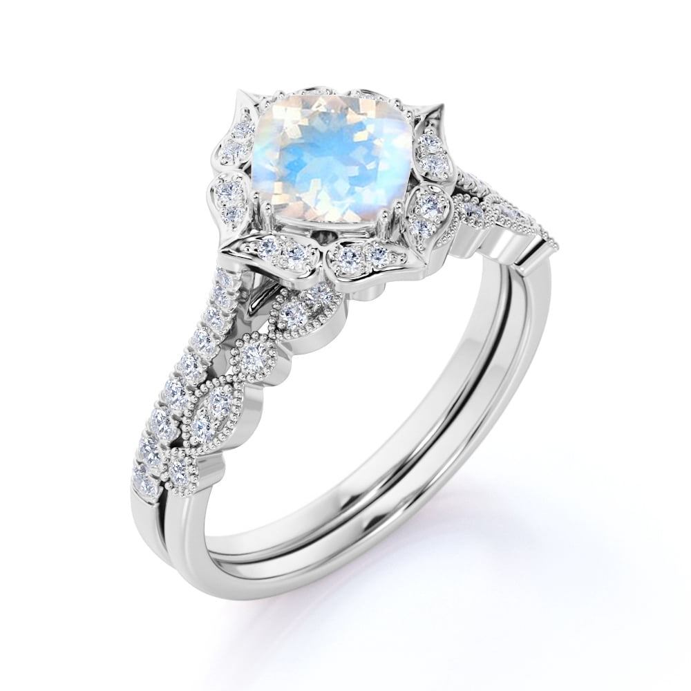 JeenMata 1.5 carat Princess Faceted Rainbow Moonstone and Moissanite V Shank Bridal Ring Set in 18k White Gold over Silver