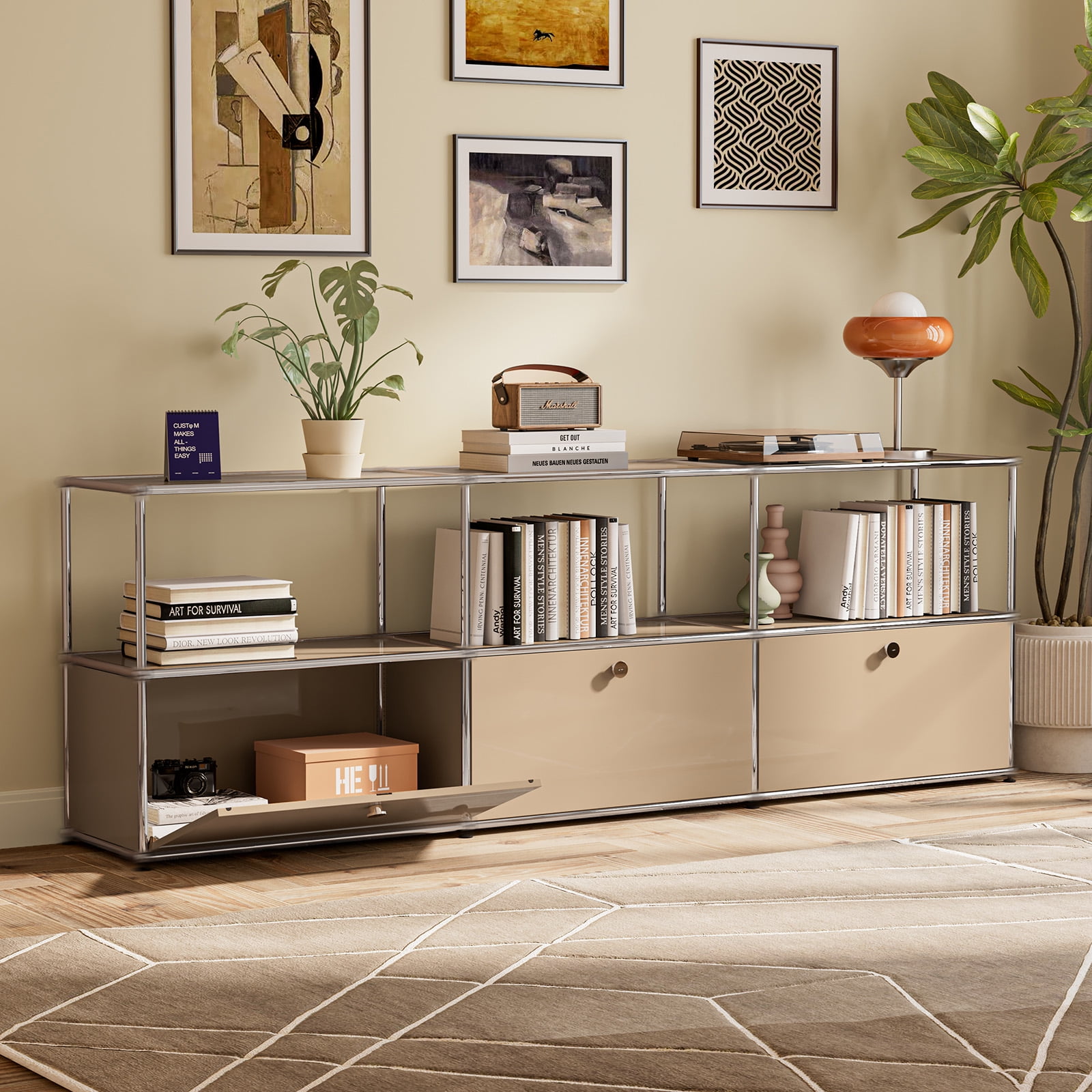 Modern TV Stand for 65-70" TV, Metal Entertainment Center TV Media Console Table with 3 Doors and Shelf, Brown