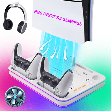 PS5 Pro/Slim/PS5 Stand and Cooling Station with Controller Charger, PS Portal Charging Dock, Cooling Fan, RGB Light, Headset Holder, PS5 / PS Portal Accessories Compatible 3 Level Cooling Fan