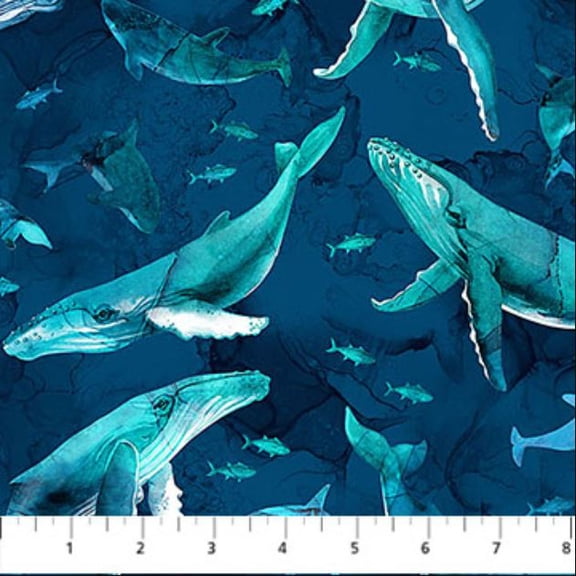 Cotton Deep Blue Whales Fish Ocean Water Northcott Cotton Fabric Print by the Yard (DP28122-48)