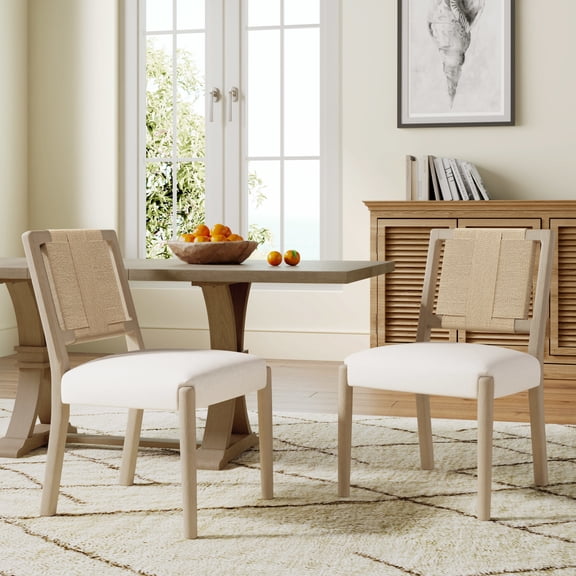 Christopher Knight Home Set of 2 Modern Upholstered Dining Chairs with Woven Rope Backrest, Light Ash Beige