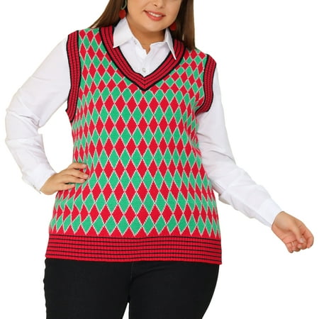 Women's Plus Size Sweater Vest Argyle V Neck Knit Sleeveless Sweaters ...
