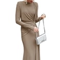 thumbnail image 2 of Vestido Maxi Ajustado para Mujer con Mangas Largas, Cuello Redondo y Corte Ajustado para Cóctel Caqui M, 2 of 10