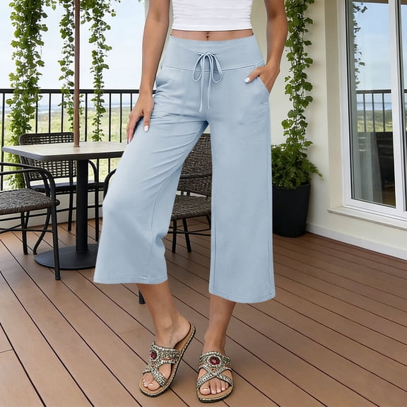 Purcolt Capri Pants for Women Wide Leg High Waisted Drawstring Loose Trousers Summer Casual Capris Pants with Pockets