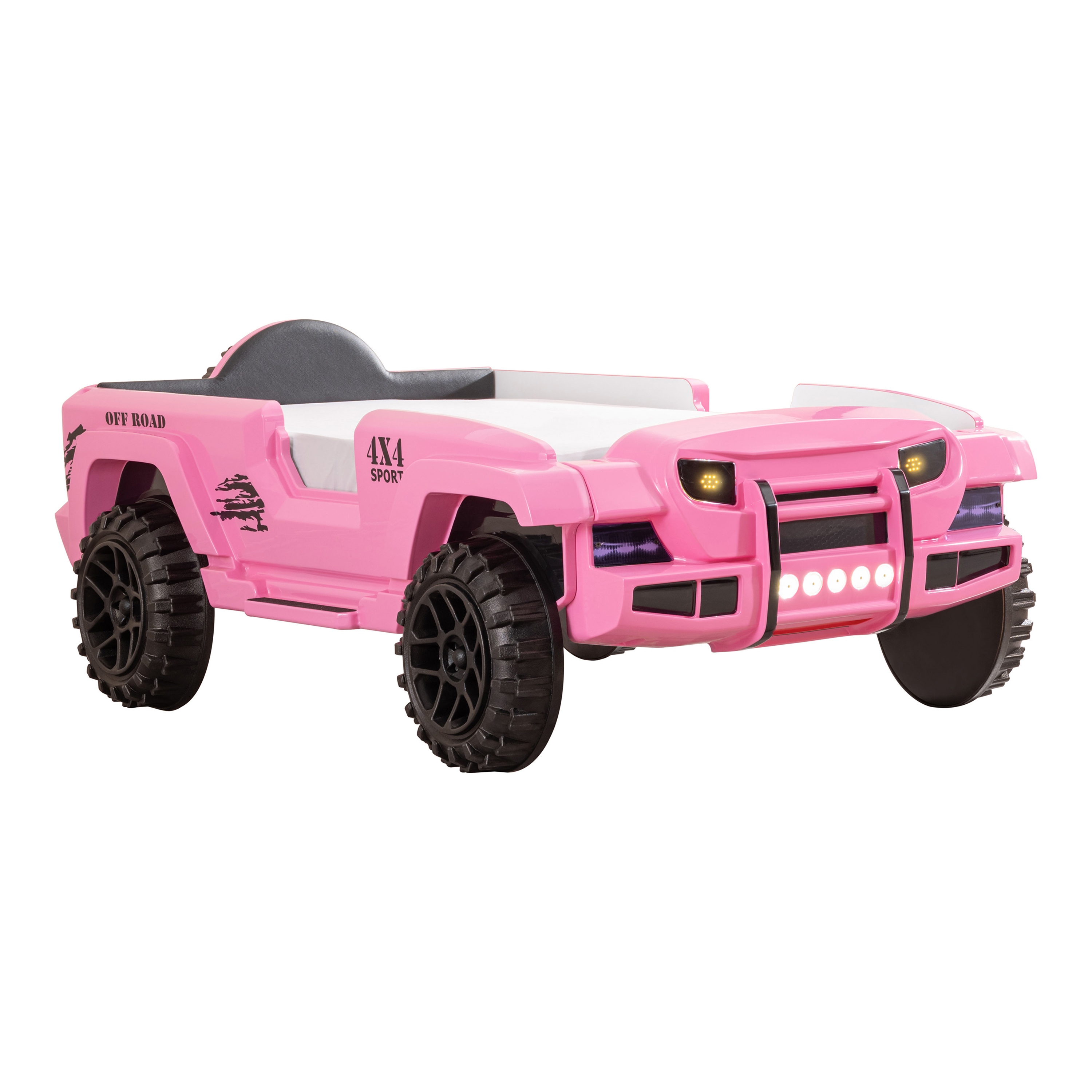 Furniture of America Terra Kids Plastic Twin Off-road SUV Bed with LED and Sound, Pink