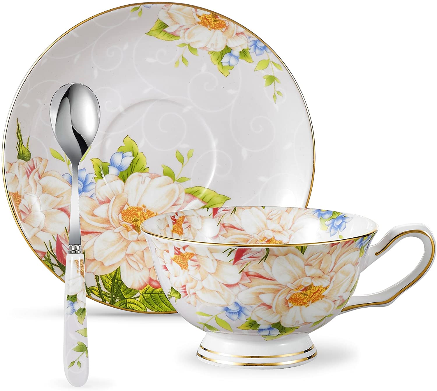 Tasse à Thé Anglaise En Porcelaine à La Cendre D'os Avec Soucoupe Et Cuillère - Motif Roses Vintage, Bordure Dorée - Capacité 200 Ml, Pour Café, Thé, Déco