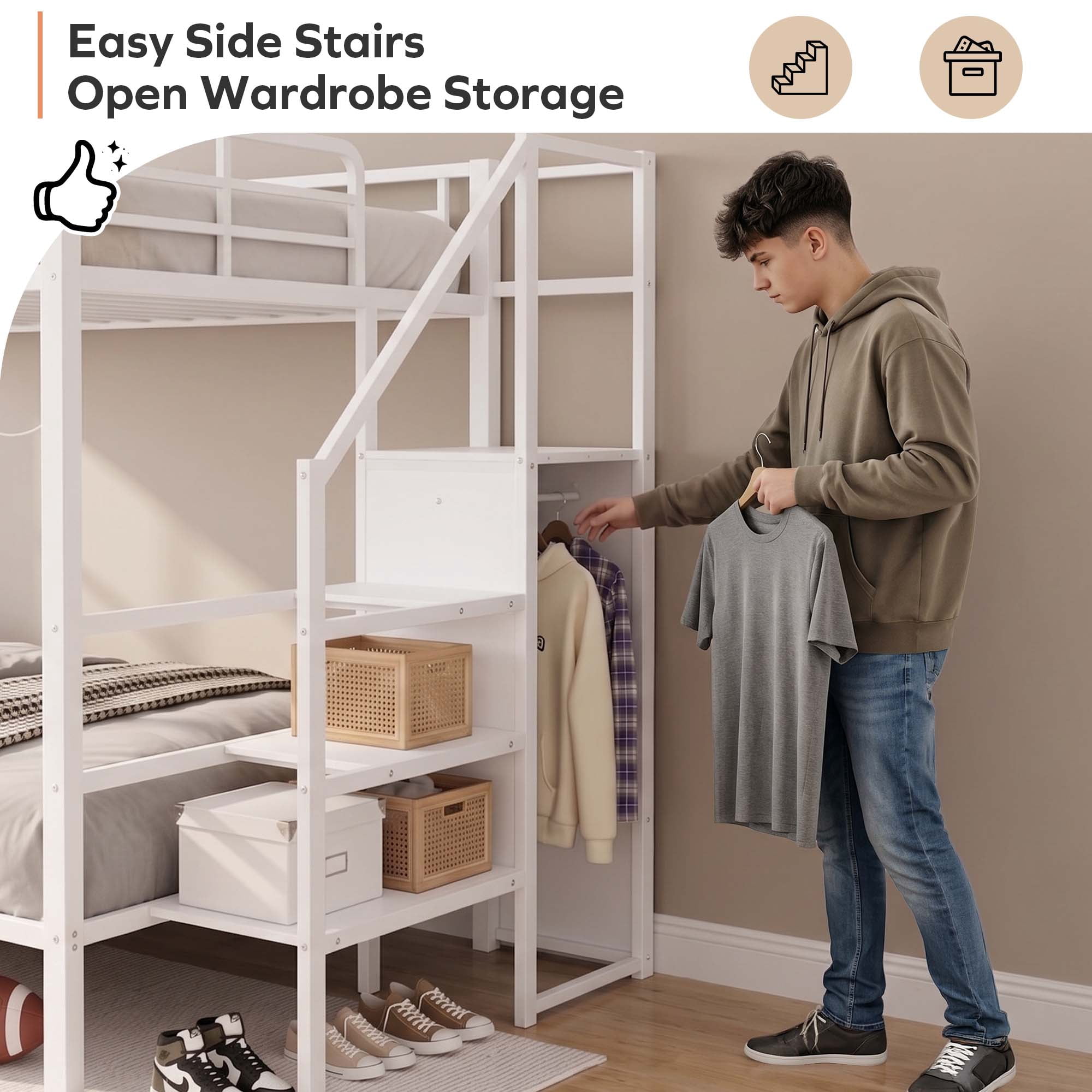 Miniyam Full Over Full Bunk Bed with Stairs, Storage and Charging Station, Metal Frame, White
