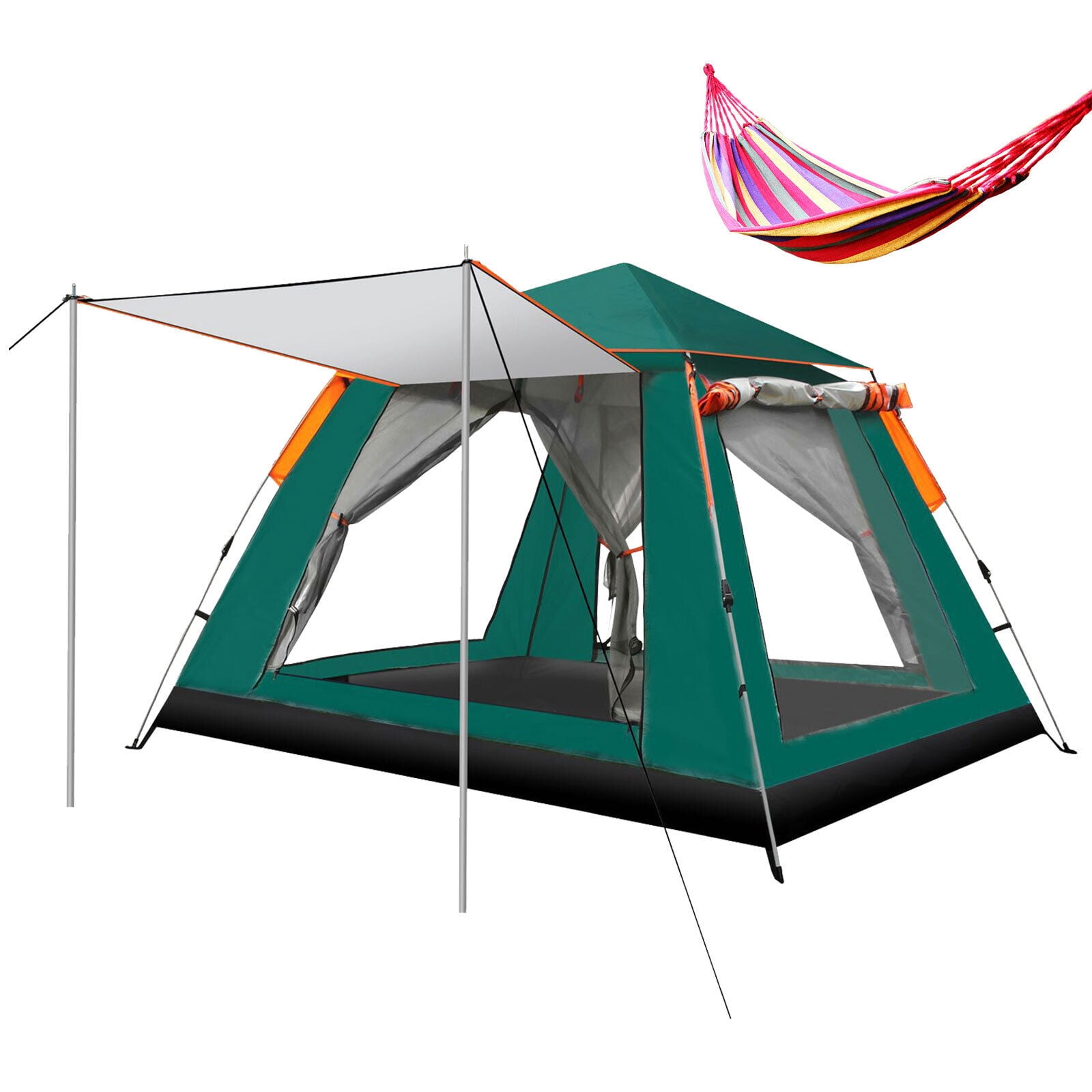 SHANNA Instant Camping Tent Portable Large Pop Up Tent 3-4 Person Dome Family Hexagon Tents Pop up Sun Shade Tent for Outdoor Camping Hiking, Dark Geen Tent + Red Hammock