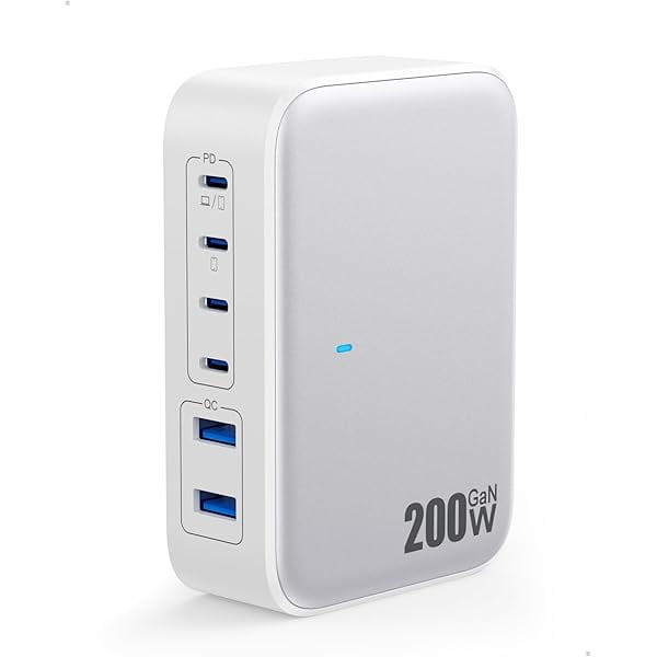 LinQingQ USB C Charger 200W USB Charging Block,6 Ports GaN IV Foldable Wall Charger Outlet Plug,QC4.0 Fast Charging Station Hub,PD 65W Laptop Adapter for MacBook Pro/Air,iPhone 17/14,Galaxy,Android-Pu