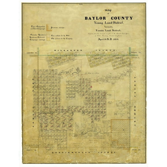 Historic County Map - Baylor County Texas - Walsh 1859 - Vintage Wall Art