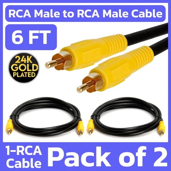 2 Pack Single Rca Male To Male Cord 6Ft Audio/Video Shielded Subwoofer Cable