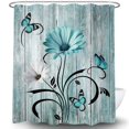 thumbnail image 4 of Rustic Farmhouse Floral Shower Curtain, Farm Boho Teal Daisy Spring Flowers and Butterfly on Country Wooden Shower Curtain for Bathroom, Turquoise Blue Wildflower Curtain with 12PCS Hooks, 70X70IN, 4 of 5