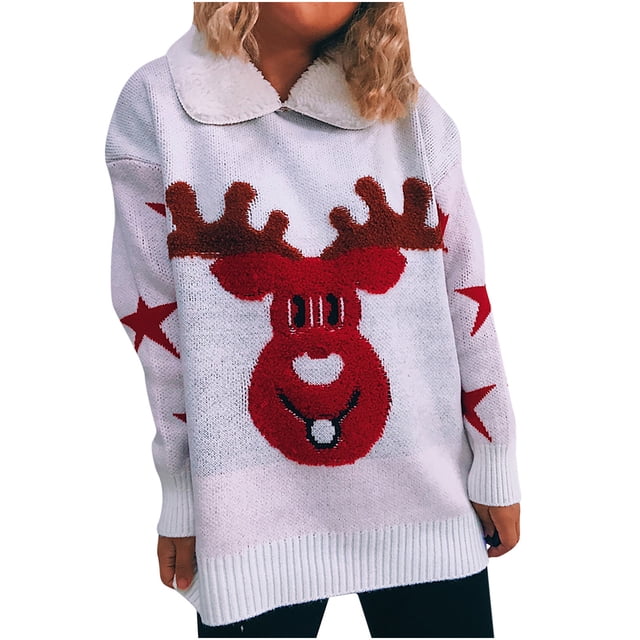 IROINID Chandail à Col Rond pour Femmes Imprimé Confortable Mi-Longueur Manches Longues Hiver Noël Chandail à Col Rabattu Blouse