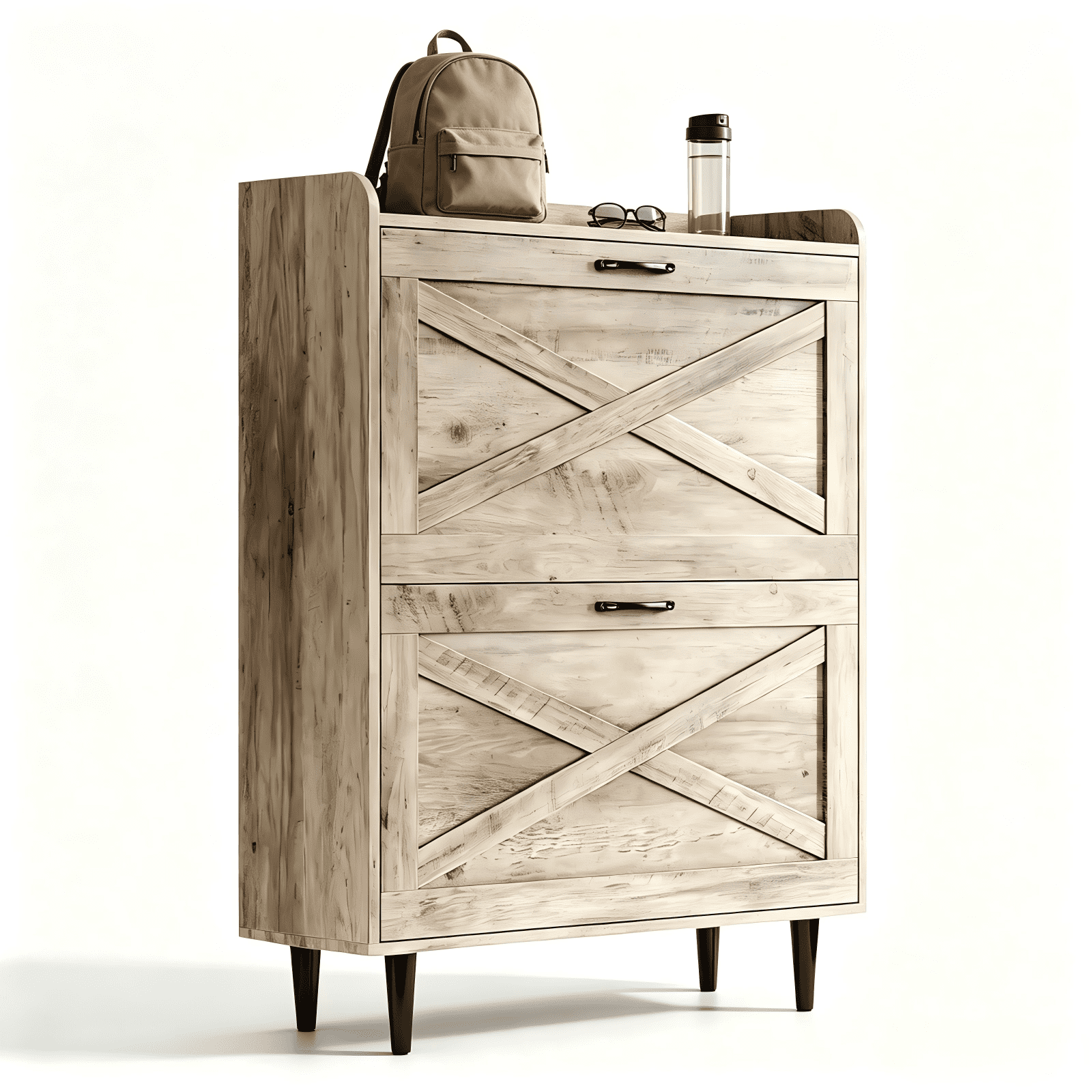 2-Drawer Top-Mounted Barn Door Shoe Cabinet, Embossed MDF, Washed Ash, 31.61 x 9.45 x 39.37 in
