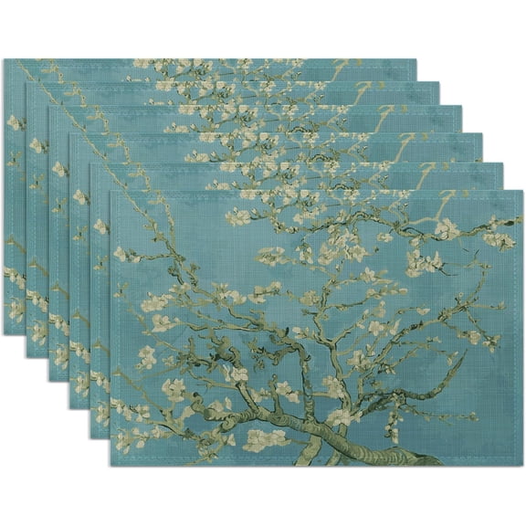 Almond Tree in Blossom Placemats Set of 6,Washable Heat Resistant 12×18 Inch Linen Table Mats Art Place Mats for Party Outdoor Dining Décor