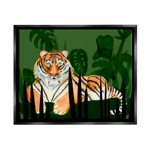 Stupell Tiger Tropical Plants Nature Animals & Insects Painting Black Floater Framed Art Print Wall Art