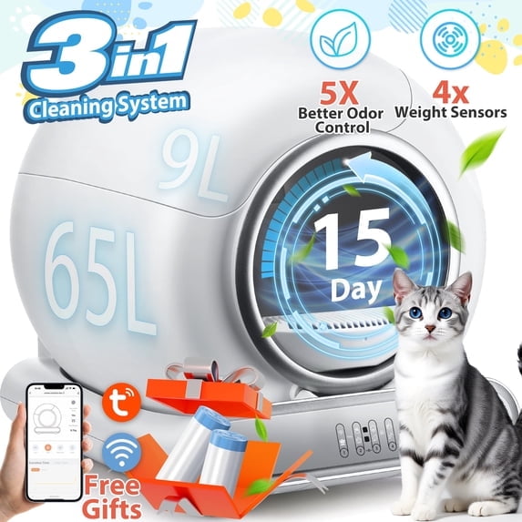 Self Cleaning Litter Box, Automatic Cat Litter Box Self Cleaning for Multiple Cats, Smart Litter Box Scoopfree Covered Ultra Cleaning -Odor Removal -APP Control Smart Litter Box, White