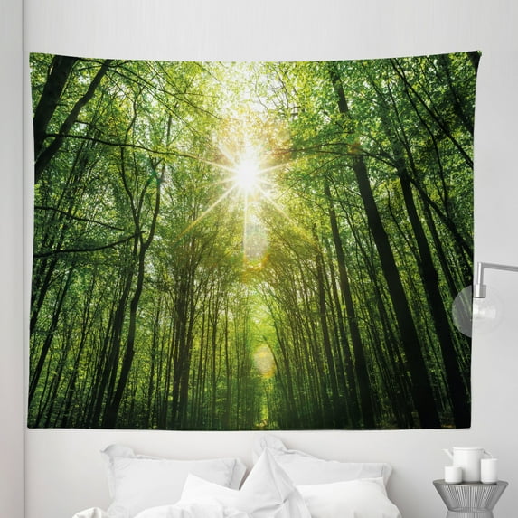 Forest Tapestry, Summer Trees Upward View with Sunrays Leaking from Branches Nature Image, Fabric Wall Hanging Decor for Bedroom Living Room Dorm, 5 Sizes, Fern Green Yellow, by Ambesonne