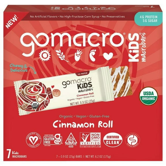 GoMacro Kids MacroBar, Cinnamon Roll, Organic Vegan Snack Bars, 7ct