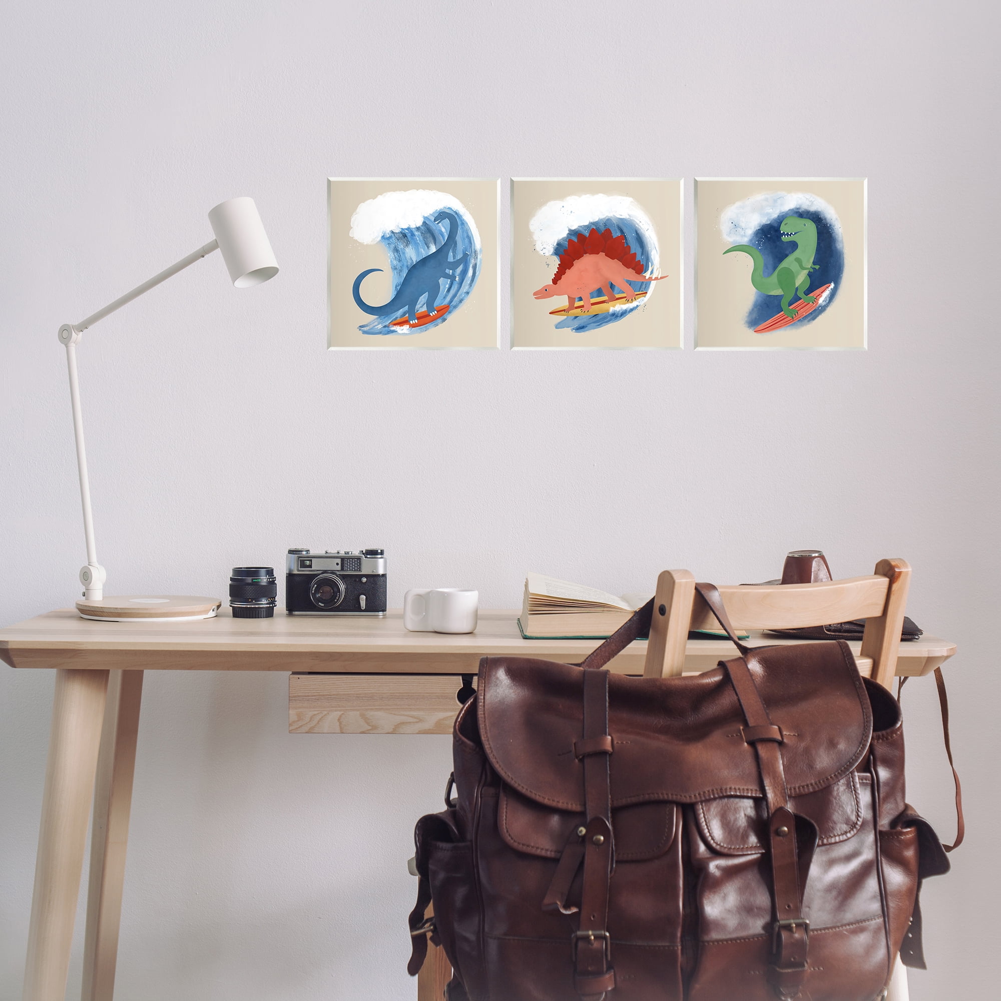 Stupell Industries Dinos Surfing Beach Waves Animals Painting Unframed Art Print Wall Art, 12 x 12, Set of 3