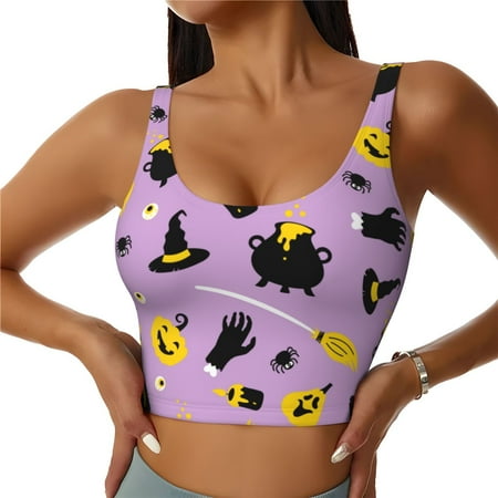 Adobk Cute Halloween Print Sports Bras for Women Longline Workout Crop Tank Tops Padded with Built in Shelf Padded Sports Bra-Medium