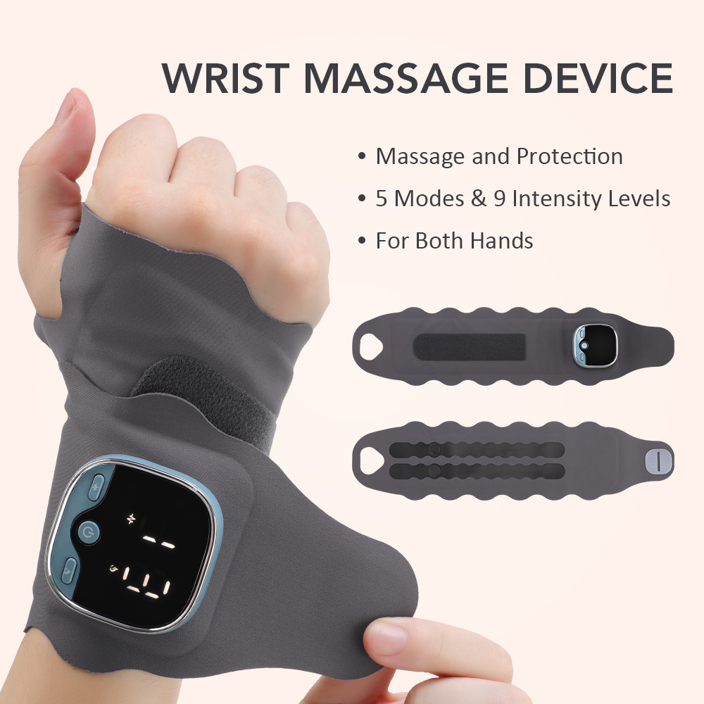 Hand Massager with Heat, Wrist Heating Pad, Cordless Wrist Heated Wrap with 3 Heating, 5 Massage Modes, 9 EMS Intensity Levels, Adjustable Length for Daily & Sports, Universal Left & Right