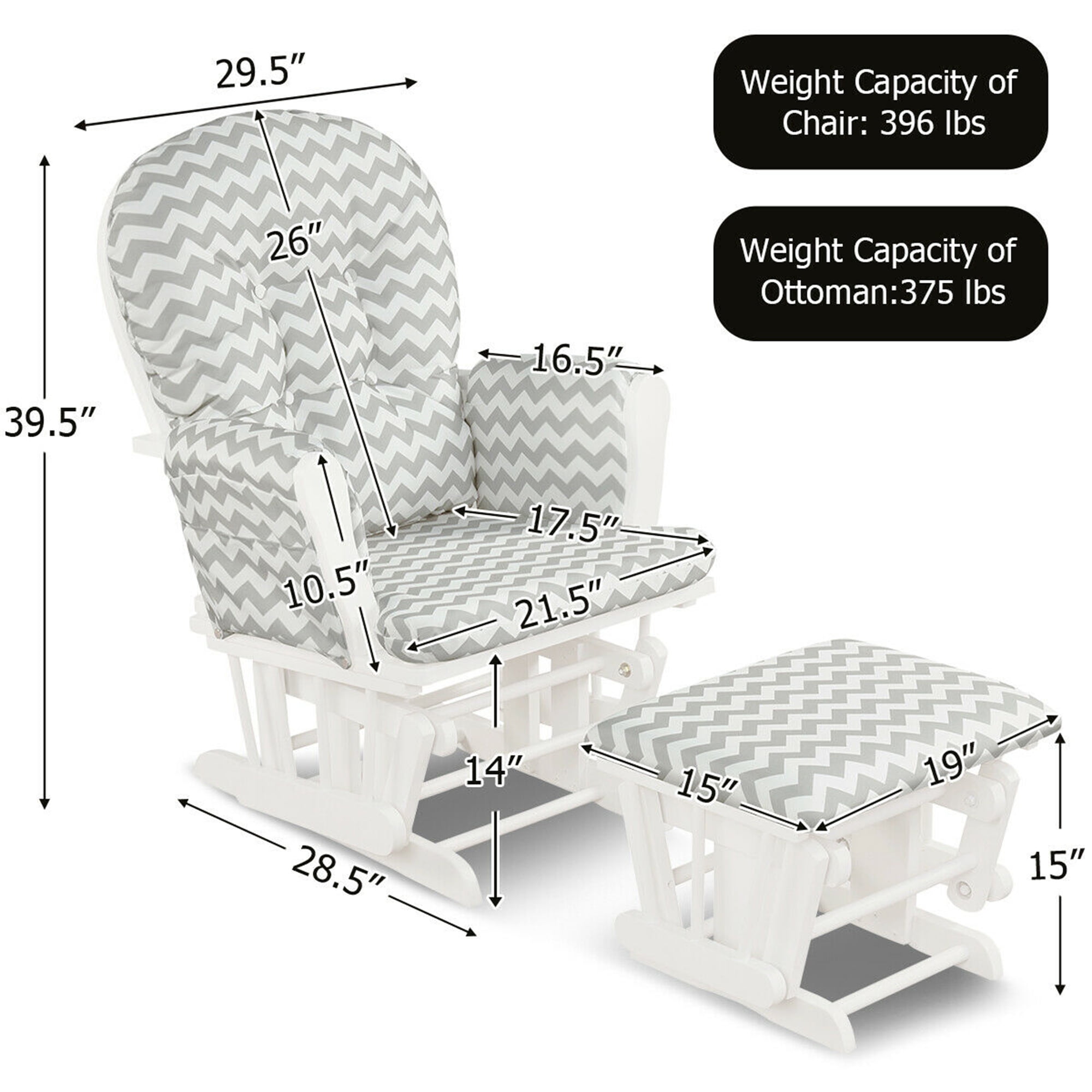 Gymax Baby Nursery Rocking Chair Glider and Ottoman Cushion Set Wood Grey + White
