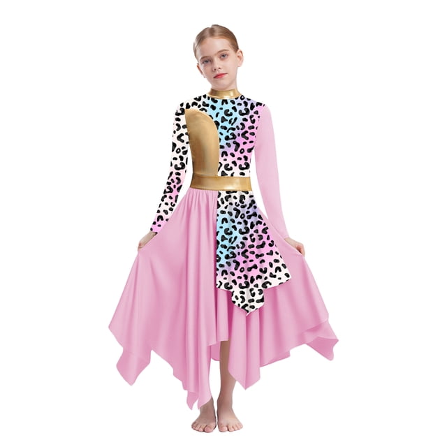 Freebily Robe de Danse pour Filles Manches Longues Imprimé Camouflage Robe Maxi de Culte Tunique Lituricale Rose 6