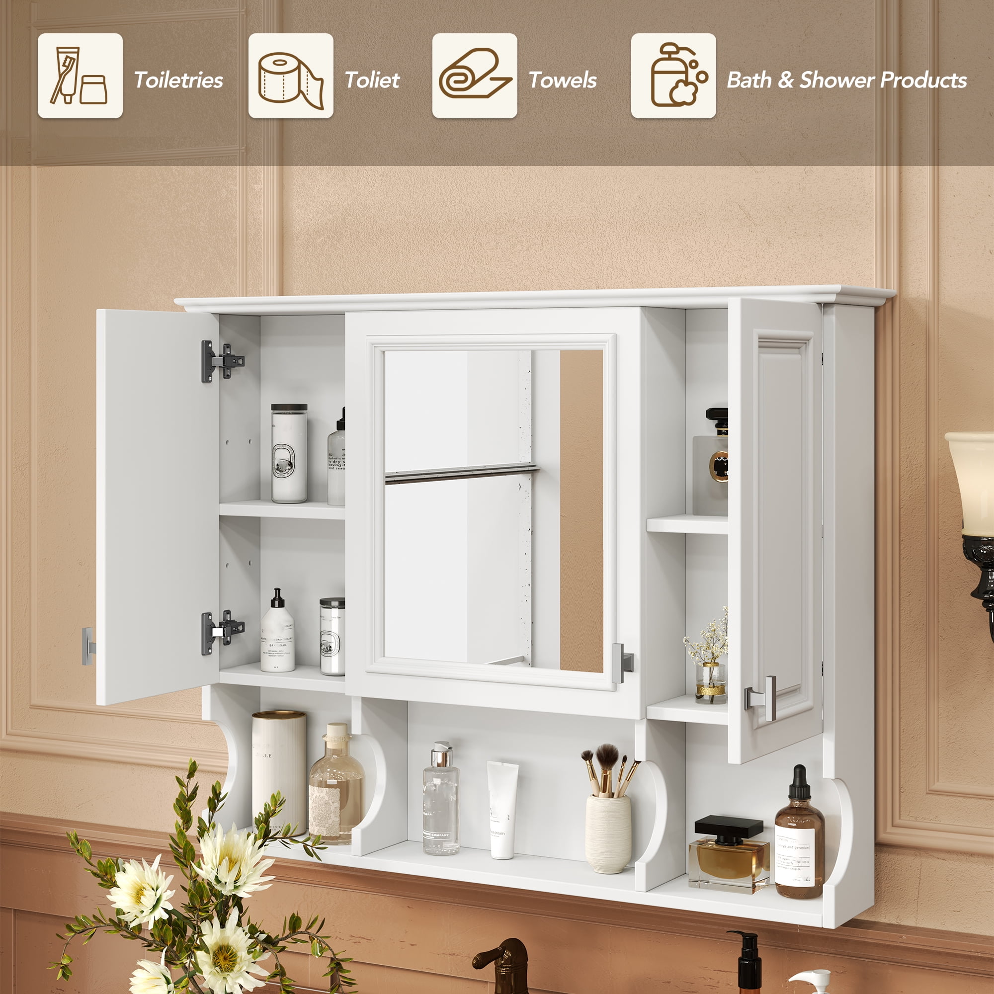 Euroco Wall-Mounted Bathroom Medicine Cabinet with Mirror, Adjustable Shelves, Waterproof MDF, Space-Saving Storage for Bathroom, Bedroom or Living Room, 35"x28.7"