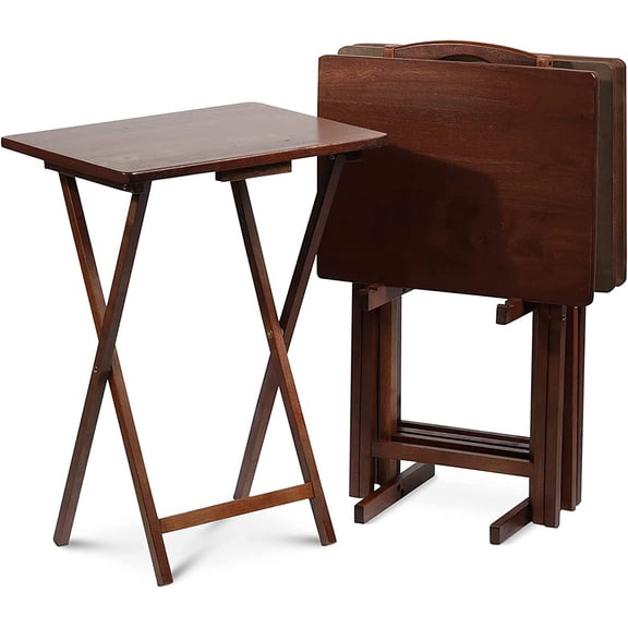 5 Piece Set, 4 Folding Wooden TV Tray Snack Tables with Storage Rack, Honey Oak