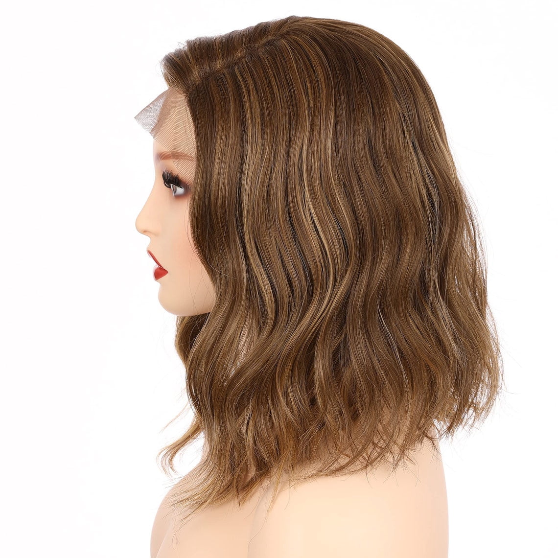 Onedor Shoulder Length Side Part Lace Front Short Wavy Hair Bob Wigs for Women (Light Brown Evenly Blended with Dark Natural Blonde)