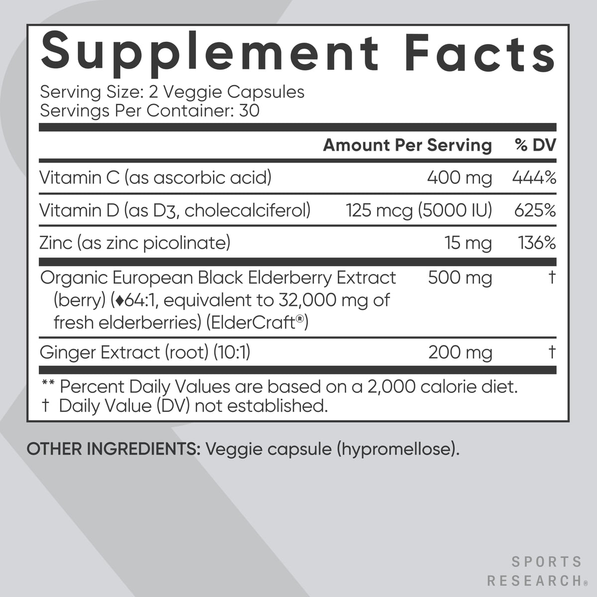 Sports Research® Elderberry 500mg Vitamin D C Ginger Zinc High Extract Non-GMO Gluten Free (60 V-Softgels)