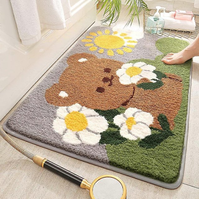 Cute Bear Bath Mat Bathroom Rug, Soft Shower Rug Plush Microfiber Funny Bath Rug Water Absorbent Thick Shaggy Floor Mats, Bathroom Rug for Kids Room
