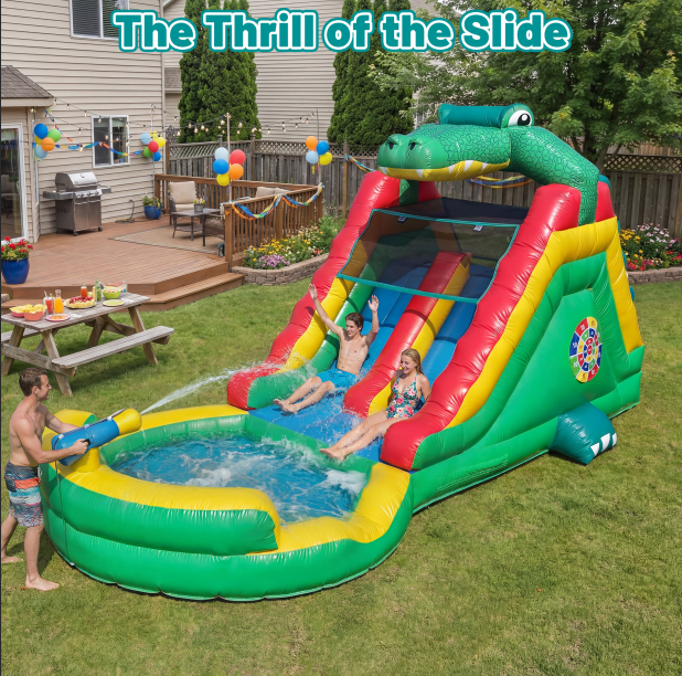 Inflatable Commercial Grade Water Slide: 22.5 ft (L) for Adults & Teenagers - Large Pool, Premium PVC, 1100W Blower, Crocodile Style - for Backyard Party Outdoor