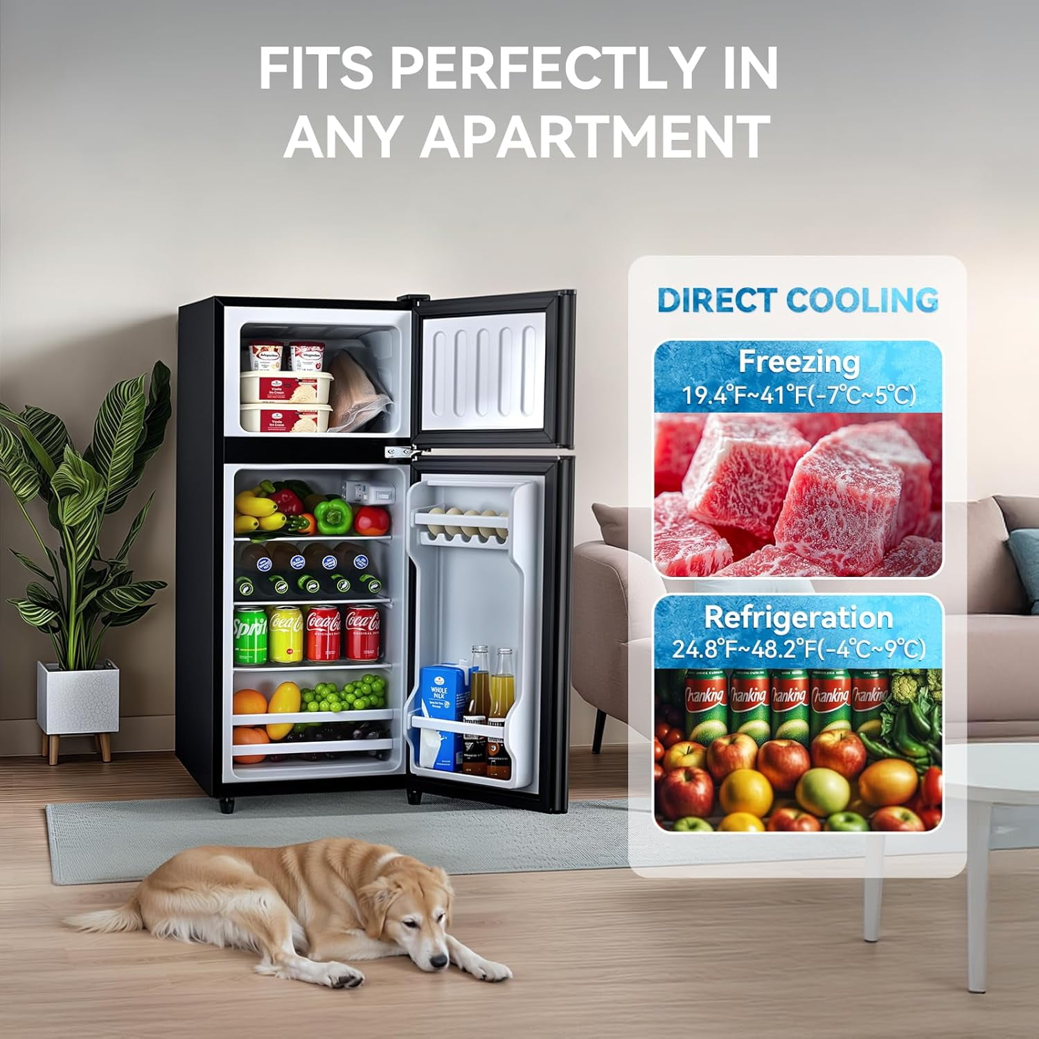 GGTB 3.5 Cu.ft 2-Door Mini Fridge with Freezer, Compact Refrigerator for Apartment Dorm Office Garage, Black