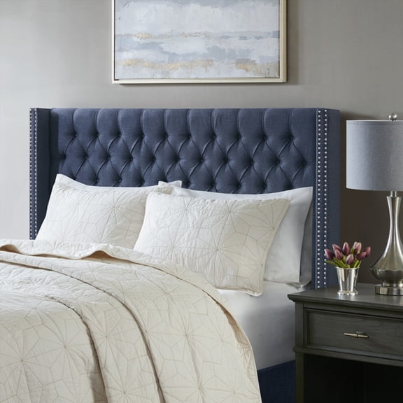 Glamorous Navy Queen Upholstered Headboard Featuring Double Nailhead Decor