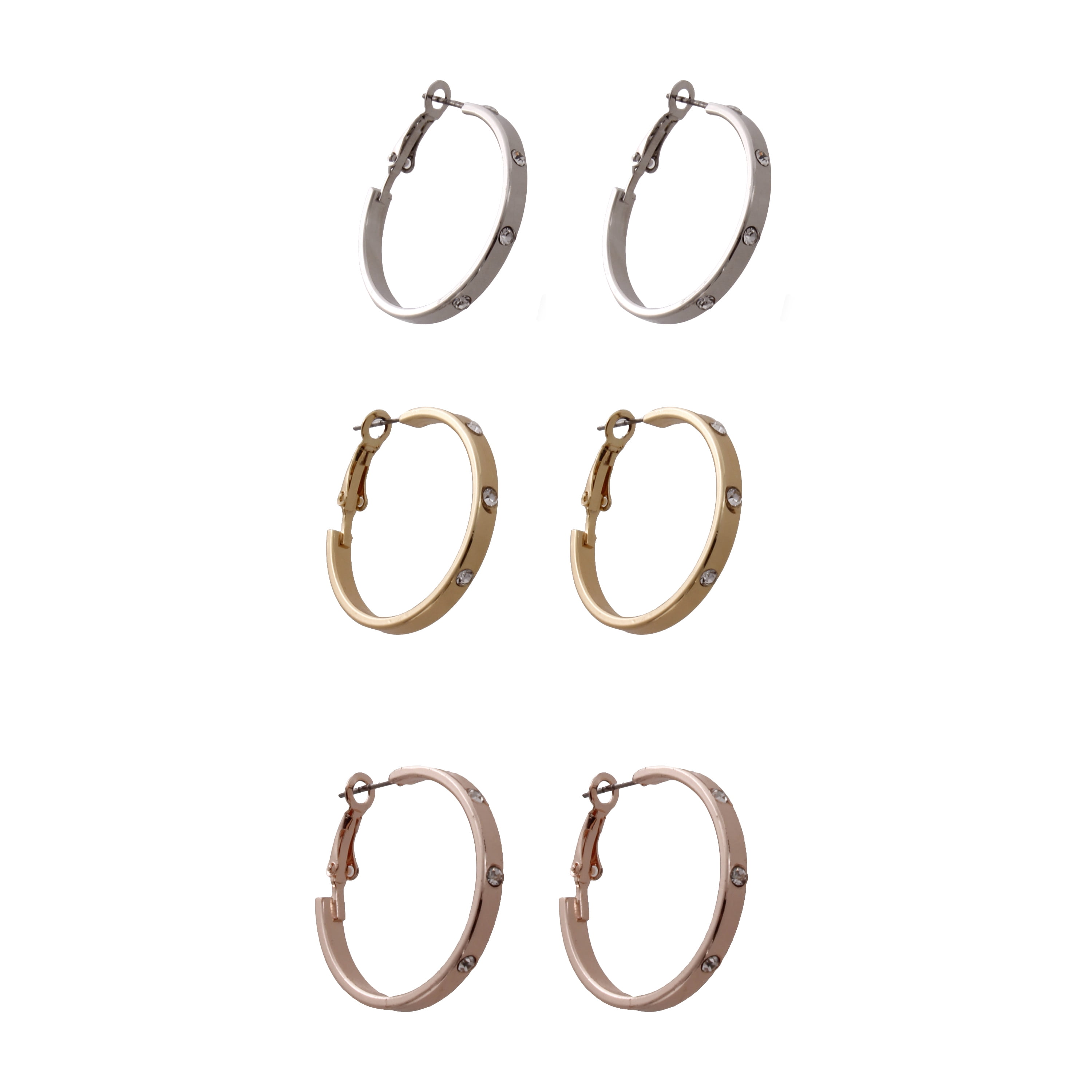 Time And Tru 3 Pair Silver, Gold, and Rose Gold Tone Hoop Earring Set