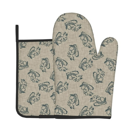 

Jgfou Sketch Squirrels Linen Pattern Oven Mitts and Pot Holders Sets Heat Resistant Oven Mittens Soft Lining Extra Thicken Long Kitchen Cotton Oven Glove for Cooking
