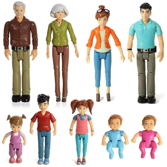Sweet Li'l Family Dollhouse People Set of 9 Action Figure Set - Grandpa, Grandma, Mom, Dad, Sister, Brother, Toddler, Twin Boy & Girl