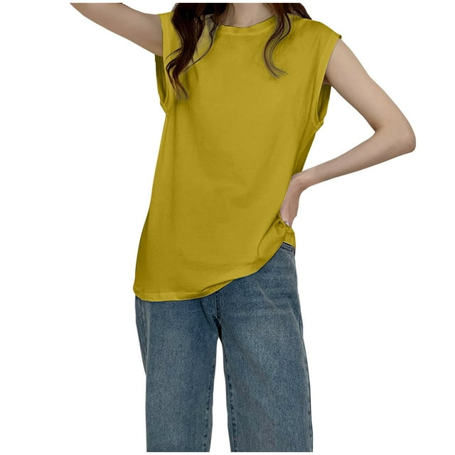Timegard Hauts d'Été pour Femmes Manches Courtes Col Rond Tee-Shirts Athlétiques Décontractés Amples Couleur Unie