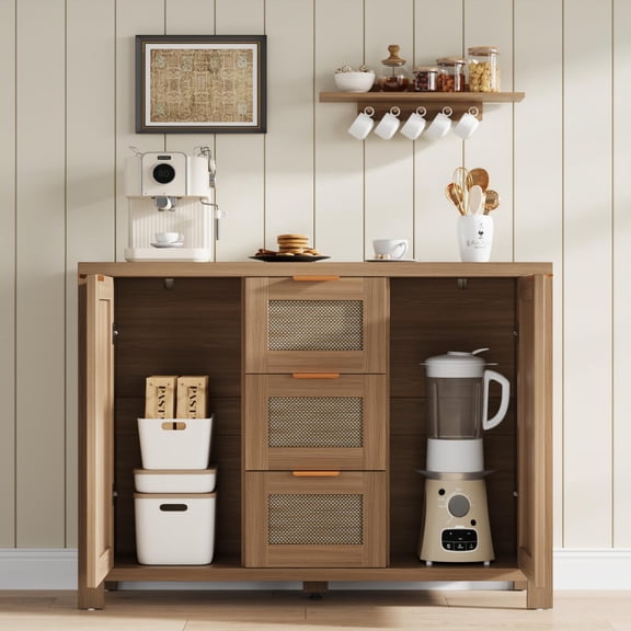Rattan Buffet Sideboard Cabinet β 3 Drawers, Boho Accent Storage Credenza, Adjustable Shelves β Large Console for Kitchen, Dining Room, Living Room, Entryway β Dark Oak