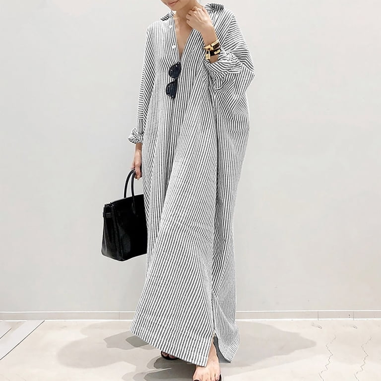 AKOEE Womens Oversized Striped Long Sleeve Button Down Maxi Dress, Cotton  Linen Loose Cardigan Dress - Walmart.com