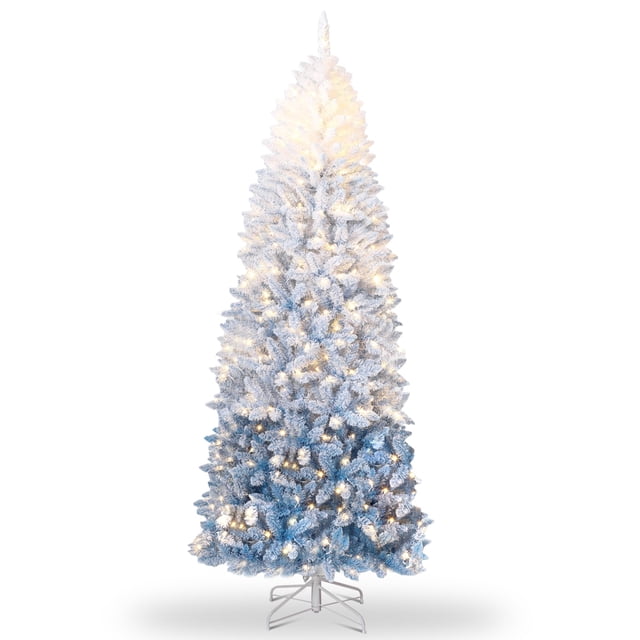 7.5 ft Christmas Tree,Snow Flocked Pencil Christmas Tree, Slim Artificial Christmas Tree with Sturdy Metal Stand,Space-Saving Design for Home and Office Decor,Blue Gradient