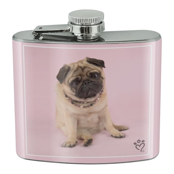 Pug Puppy Dog Sitting Pink Necklace Stainless Steel 5oz Hip Drink Kidney Flask