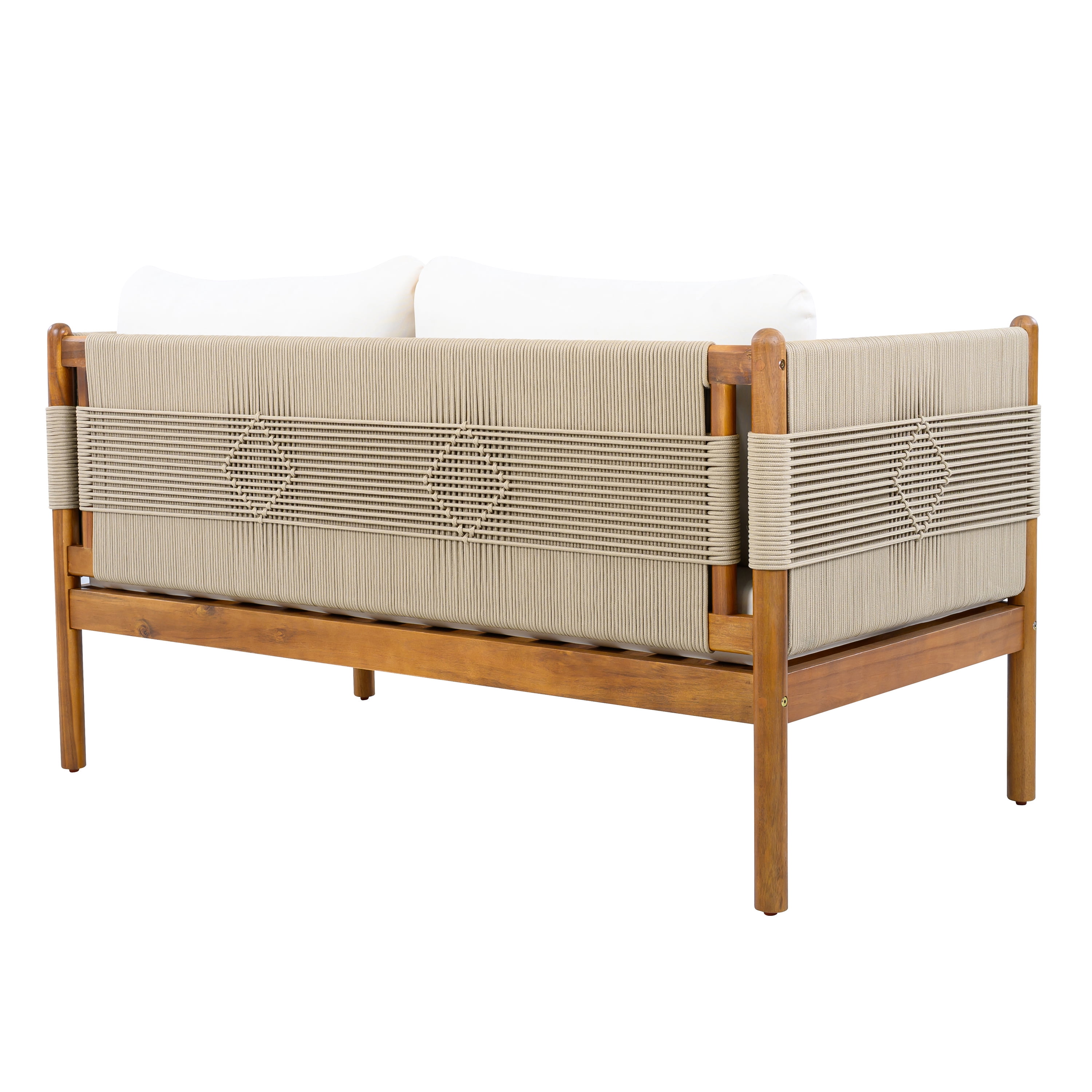 Loveseat, Outdoor Acacia Wood Sofa with Diamond Rope Weave and Cushions for Patio Garden, Teak and Cream
