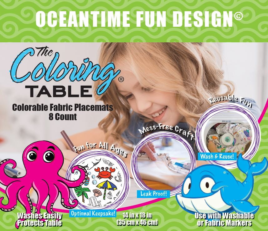 The Coloring Table - Oceantime Fun Design – Set of 8 Placemats (14"x18") - Fabric Coloring Placemats - Colorable Designs – Washable and Reusable – Coloring Activity for Children and Adults